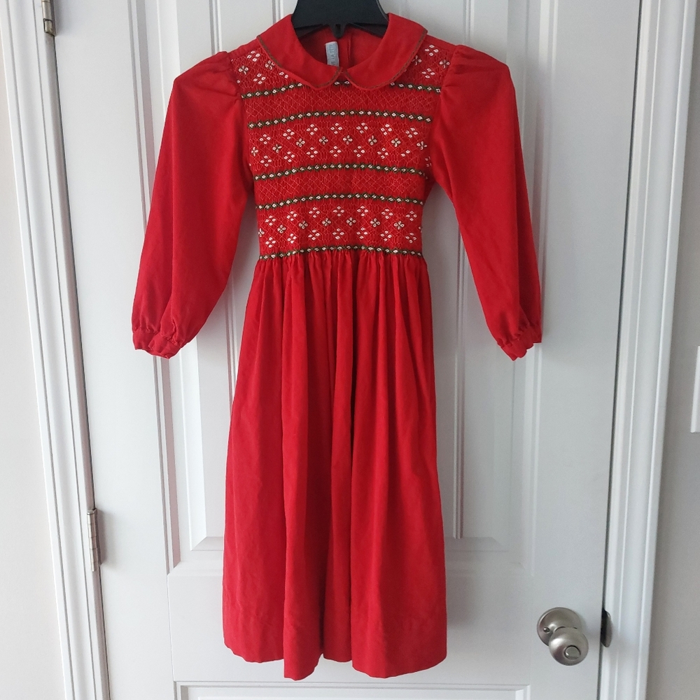 Vintage Smocked Christmas Red Long Sleeve Dress